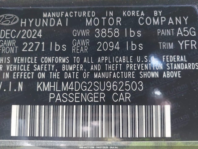 2025 Hyundai Elantra Sel Sport მანქანა იყიდება აუქციონზე, vin: KMHLM4DG2SU962503, აუქციონის ნომერი: 44771296