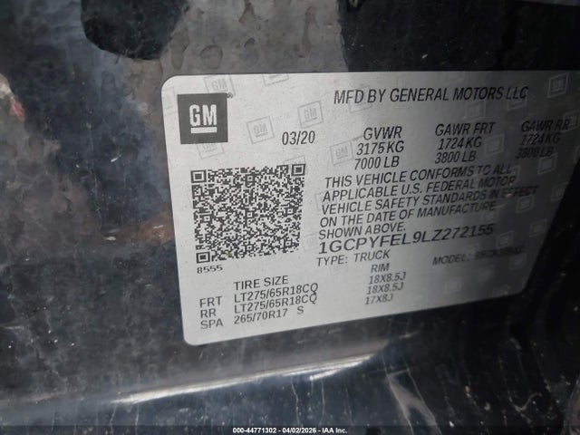 Aukcja sprzedaży 2020 Chevrolet Silverado 1500 4wd  Short Bed Lt Trail Boss, vin: 1GCPYFEL9LZ272155, numer aukcji: 44771302