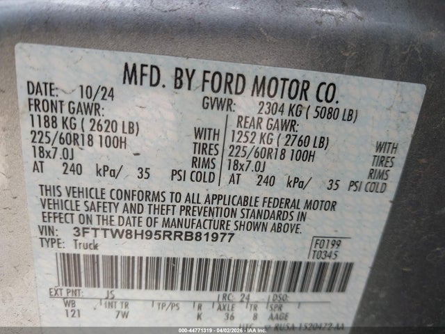 44771319 :رقم المزاد ، 3FTTW8H95RRB81977 vin ، 2024 Ford Maverick Xlt مزاد بيع