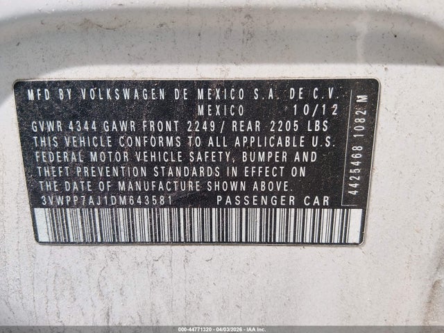 Продаж на аукціоні авто 2013 Volkswagen Jetta Sportwagen 2.5l S, vin: 3VWPP7AJ1DM643581, номер лоту: 44771320
