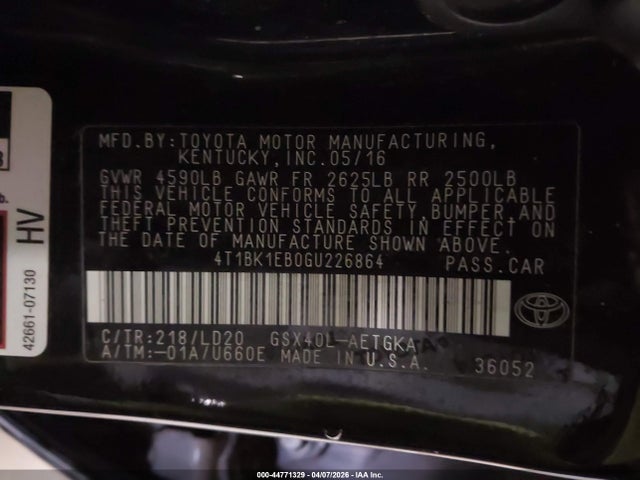 Продаж на аукціоні авто 2016 Toyota Avalon Xle, vin: 4T1BK1EB0GU226864, номер лоту: 44771329