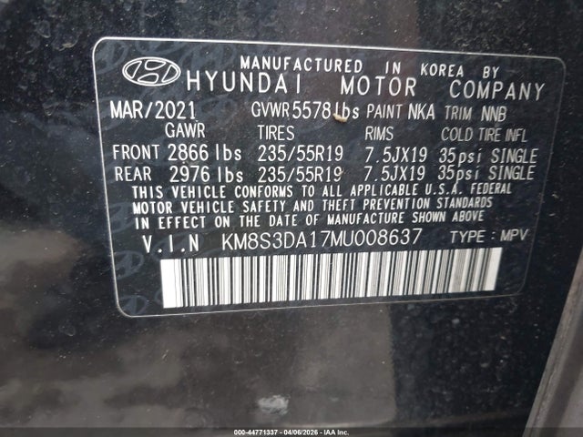 Aukcja sprzedaży 2021 Hyundai Santa Fe Hybrid Sel Premium, vin: KM8S3DA17MU008637, numer aukcji: 44771337
