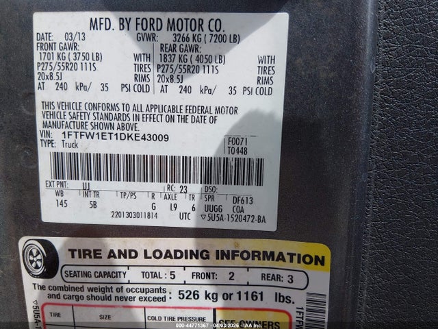 Aukcja sprzedaży 2013 Ford F-150 Fx4, vin: 1FTFW1ET1DKE43009, numer aukcji: 44771367