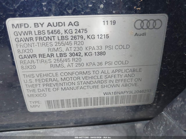 2020 Audi Q5 Premium Plus 45 Tfsi Quattro S Tronic მანქანა იყიდება აუქციონზე, vin: WA1BNAFY9L2046233, აუქციონის ნომერი: 44771380