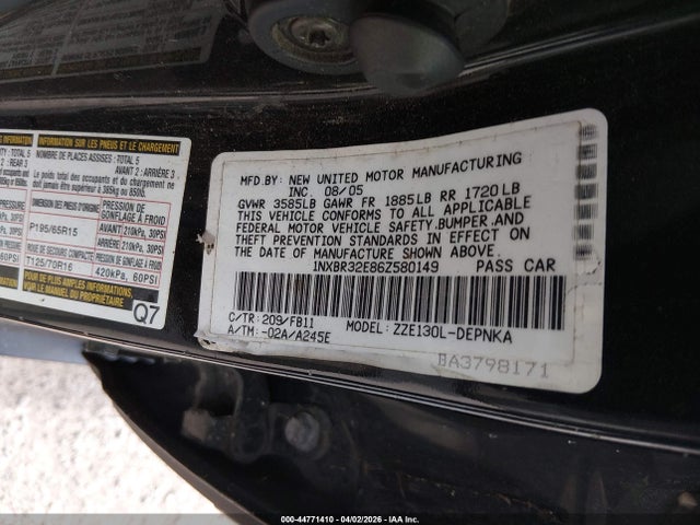 2006 Toyota Corolla Le მანქანა იყიდება აუქციონზე, vin: 1NXBR32E86Z580149, აუქციონის ნომერი: 44771410