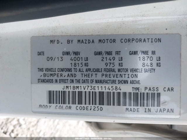 2014 Mazda Mazda3 I Touring მანქანა იყიდება აუქციონზე, vin: JM1BM1V73E1114584, აუქციონის ნომერი: 44771423