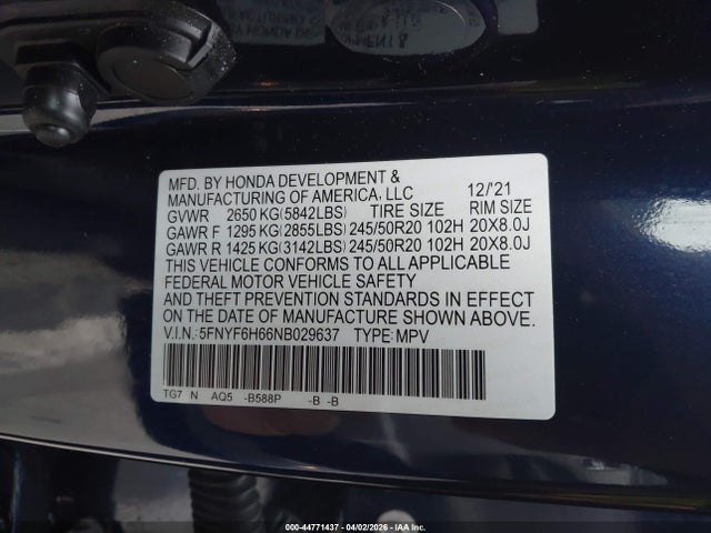 44771437 :رقم المزاد ، 5FNYF6H66NB029637 vin ، 2022 Honda Pilot Awd Touring 7 Passenger مزاد بيع