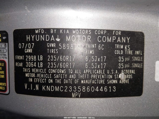 Aukcja sprzedaży 2008 Hyundai Entourage Gls/limited, vin: KNDMC233586044613, numer aukcji: 44771458
