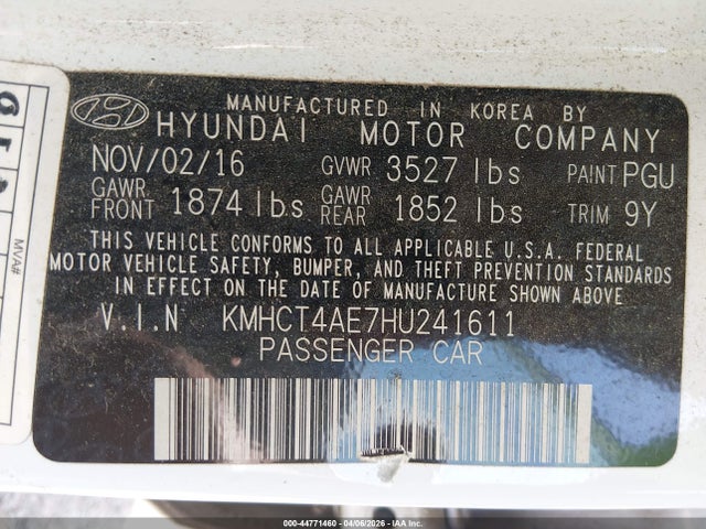 2017 Hyundai Accent Se მანქანა იყიდება აუქციონზე, vin: KMHCT4AE7HU241611, აუქციონის ნომერი: 44771460