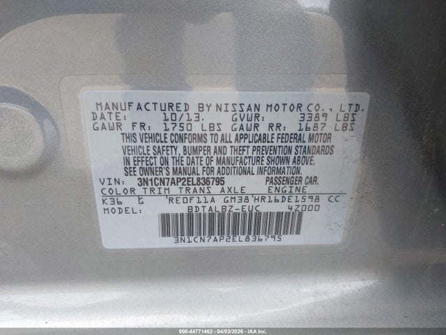 Продажа на аукционе авто 2014 Nissan Versa 1.6 Sv, vin: 3N1CN7AP2EL836795, номер лота: 44771462