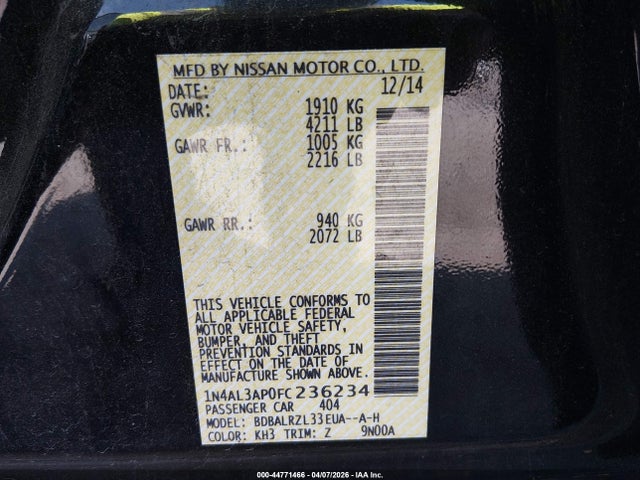 Aukcja sprzedaży 2015 Nissan Altima 2.5 Sl, vin: 1N4AL3AP0FC236234, numer aukcji: 44771466