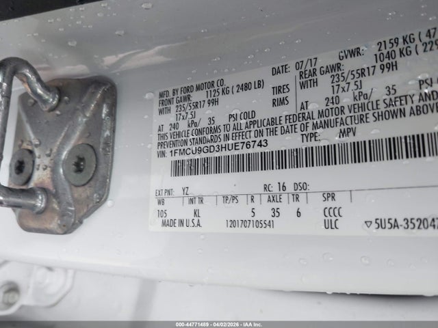 44771489 :رقم المزاد ، 1FMCU9GD3HUE76743 vin ، 2017 Ford Escape Se مزاد بيع