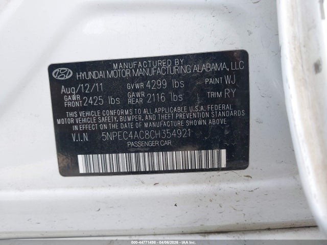 Продажа на аукционе авто 2012 Hyundai Sonata Limited, vin: 5NPEC4AC8CH354921, номер лота: 44771498