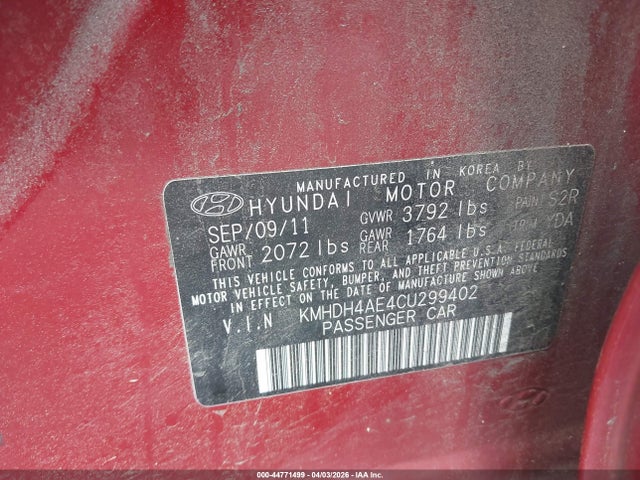 Aukcja sprzedaży 2012 Hyundai Elantra Limited (ulsan Plant), vin: KMHDH4AE4CU299402, numer aukcji: 44771499