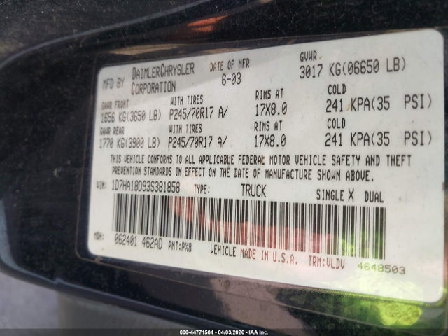 Aukcja sprzedaży 2003 Dodge Ram 1500 Slt/laramie/st, vin: 1D7HA18D93S381858, numer aukcji: 44771504