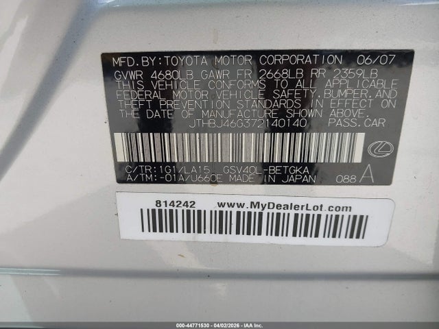 44771530 :رقم المزاد ، JTHBJ46G372140140 vin ، 2007 Lexus Es 350 مزاد بيع
