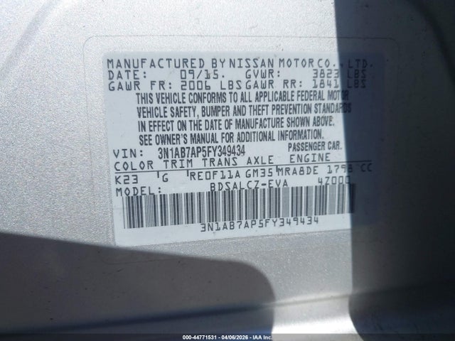 2015 Nissan Sentra S მანქანა იყიდება აუქციონზე, vin: 3N1AB7AP5FY349434, აუქციონის ნომერი: 44771531