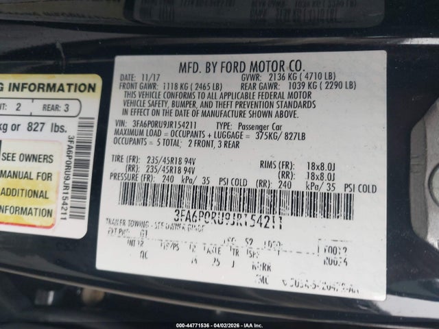 Aukcja sprzedaży 2018 Ford Fusion Hybrid Platinum, vin: 3FA6P0RU9JR154211, numer aukcji: 44771536
