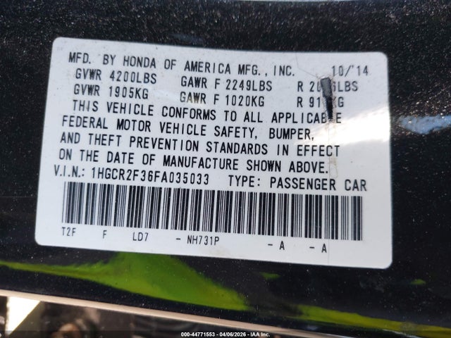 Продаж на аукціоні авто 2015 Honda Accord Lx, vin: 1HGCR2F36FA035033, номер лоту: 44771553