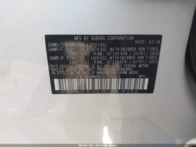 Aukcja sprzedaży 2020 Subaru Ascent Limited, vin: 4S4WMAMD5L3403679, numer aukcji: 44771555