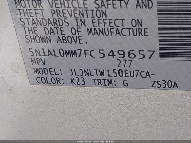 Aukcja sprzedaży 2015 Infiniti Qx60, vin: 5N1AL0MM7FC549657, numer aukcji: 44771557
