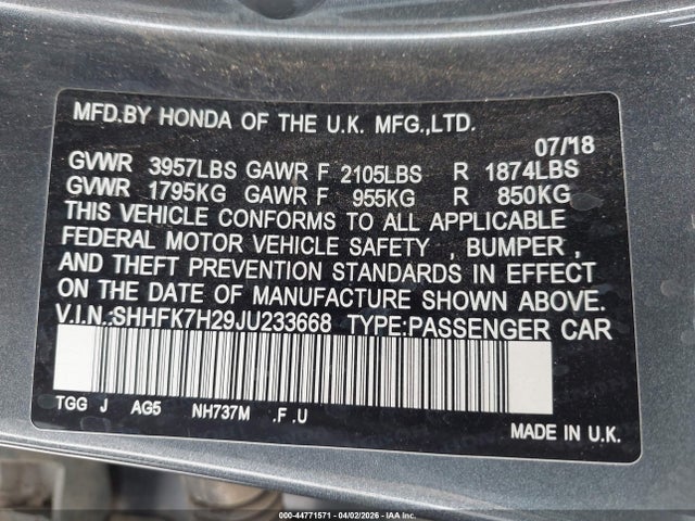 44771571 :رقم المزاد ، SHHFK7H29JU233668 vin ، 2018 Honda Civic Lx مزاد بيع