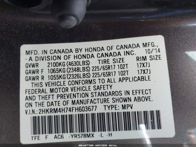 2HKRM4H74FH603677 Honda Cr-v Ex-l