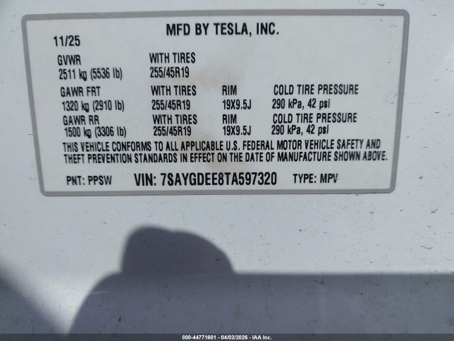 2026 Tesla Model Y All-wheel Drive/long Range Launch Series/premium All-wheel Drive მანქანა იყიდება აუქციონზე, vin: 7SAYGDEE8TA597320, აუქციონის ნომერი: 44771601