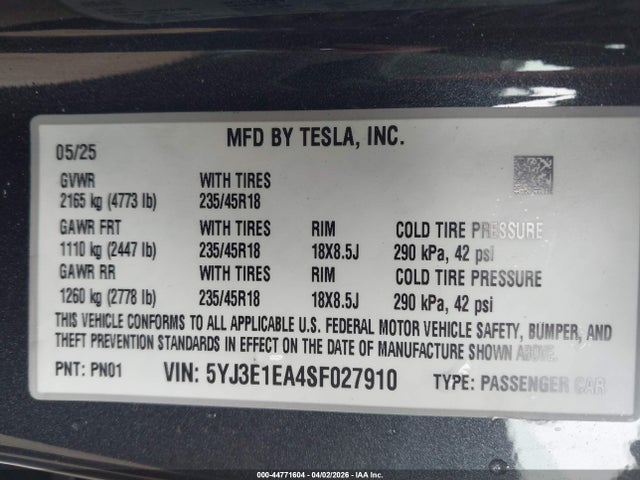 Продажа на аукционе авто 2025 Tesla Model 3, vin: 5YJ3E1EA4SF027910, номер лота: 44771604