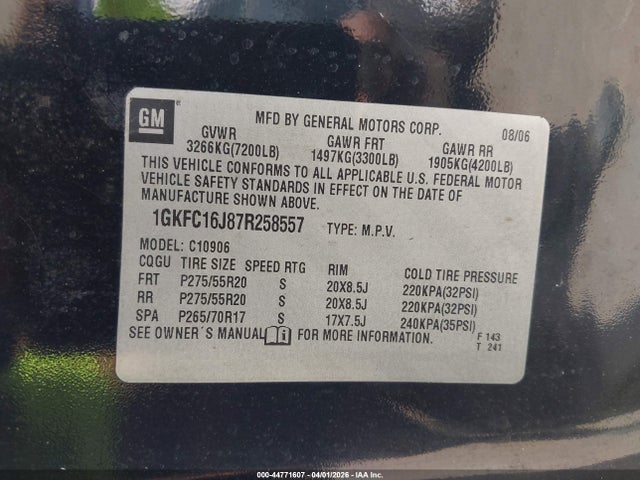 Aukcja sprzedaży 2007 Gmc Yukon Xl 1500 Slt, vin: 1GKFC16J87R258557, numer aukcji: 44771607