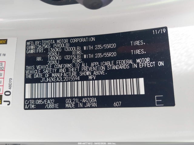 Aukcja sprzedaży 2020 Lexus Rx 350l, vin: JTJHZKEA2L2015594, numer aukcji: 44771612