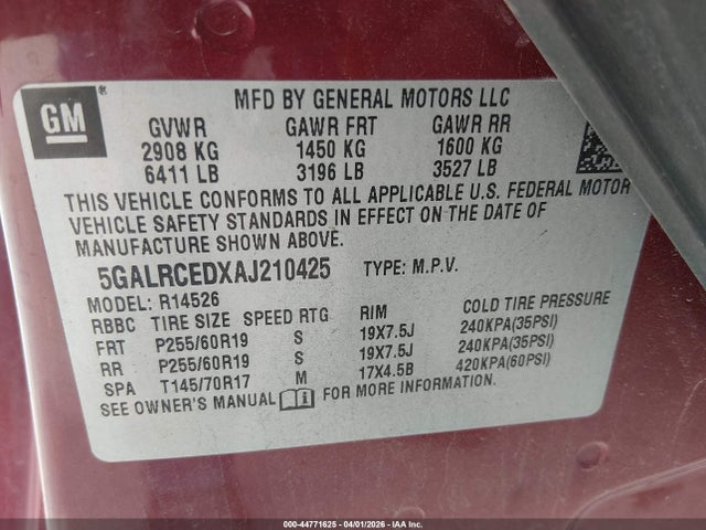 44771625 :رقم المزاد ، 5GALRCEDXAJ210425 vin ، 2010 Buick Enclave 2xl مزاد بيع