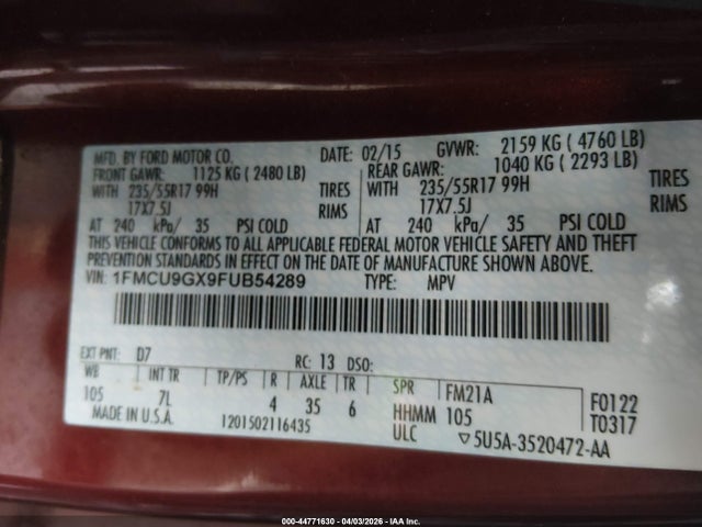 Auction sale of the 2015 Ford Escape Se, vin: 1FMCU9GX9FUB54289, lot number: 44771630