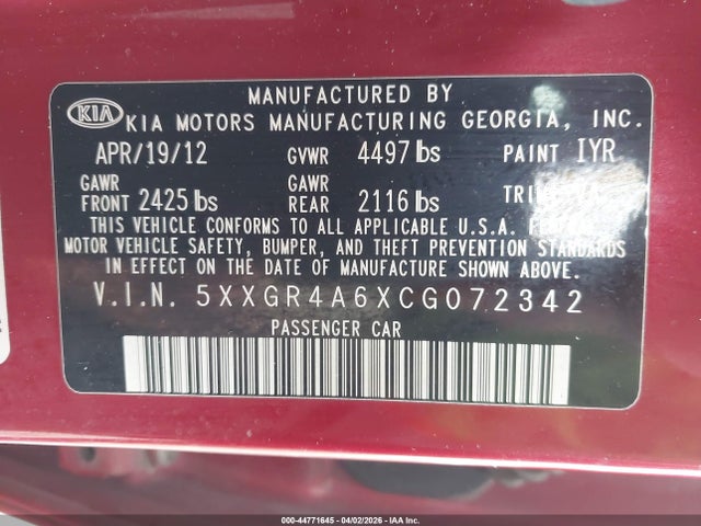 44771645 :رقم المزاد ، 5XXGR4A6XCG072342 vin ، 2012 Kia Optima Sx مزاد بيع
