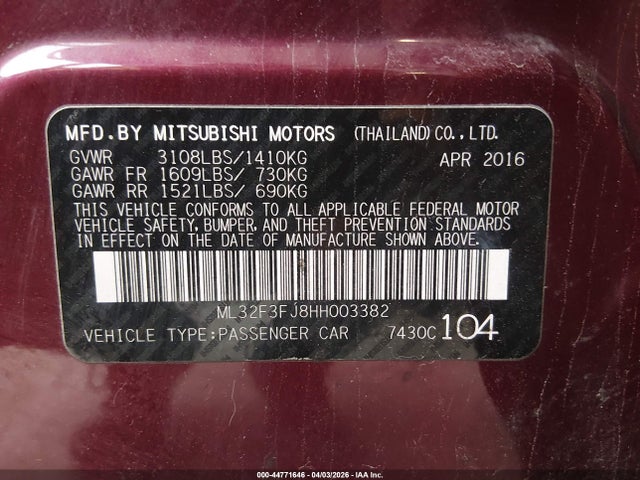 Aukcja sprzedaży 2017 Mitsubishi Mirage G4 Es, vin: ML32F3FJ8HH003382, numer aukcji: 44771646
