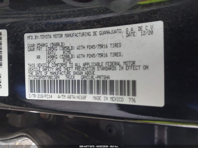 44771670 :رقم المزاد ، 3TYDZ5BN5MT001309 vin ، 2021 Toyota Tacoma Sr5 V6 مزاد بيع