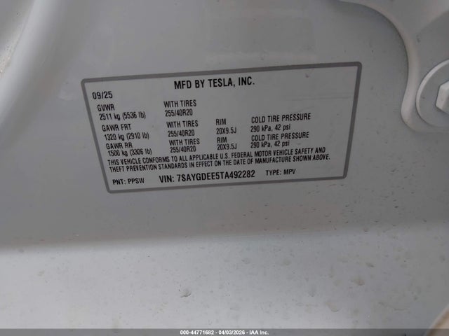 44771682 :رقم المزاد ، 7SAYGDEE5TA492282 vin ، 2026 Tesla Model Y All-wheel Drive/long Range Launch Series/premium All-wheel Drive مزاد بيع