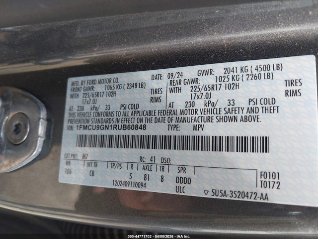 Aukcja sprzedaży 2024 Ford Escape Active, vin: 1FMCU9GN1RUB60848, numer aukcji: 44771702
