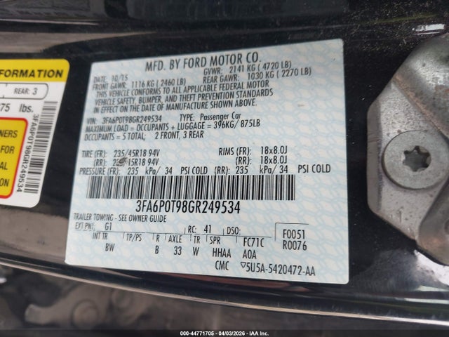 Продаж на аукціоні авто 2016 Ford Fusion Se, vin: 3FA6P0T98GR249534, номер лоту: 44771705