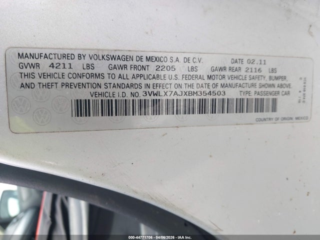 44771706 :رقم المزاد ، 3VWLX7AJXBM354503 vin ، 2011 Volkswagen Jetta 2.5l Sel مزاد بيع