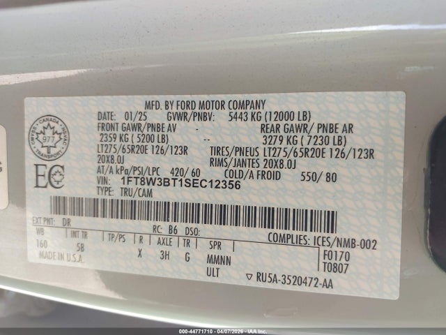 Aukcja sprzedaży 2025 Ford F-350 Lariat, vin: 1FT8W3BT1SEC12356, numer aukcji: 44771710