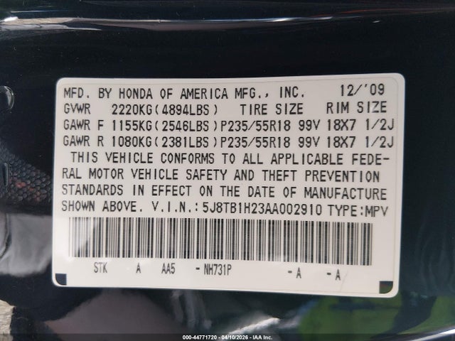 Auction sale of the 2010 Acura Rdx, vin: 5J8TB1H23AA002910, lot number: 44771720