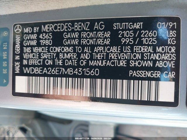 Aukcja sprzedaży 1991 Mercedes-benz 300 E 2.6, vin: WDBEA26E7MB431560, numer aukcji: 44771726