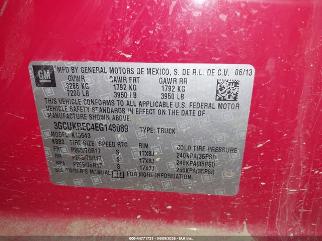 44771731 :رقم المزاد ، 3GCUKREC4EG148089 vin ، 2014 Chevrolet Silverado 1500 1lt مزاد بيع