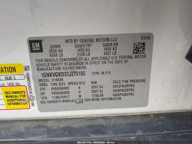 44771732 :رقم المزاد ، 1GNKVGKD3EJ275180 vin ، 2014 Chevrolet Traverse 1lt مزاد بيع