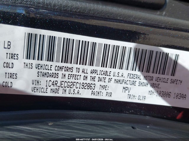 2015 Jeep Grand Cherokee Overland მანქანა იყიდება აუქციონზე, vin: 1C4RJECG2FC192863, აუქციონის ნომერი: 44771737