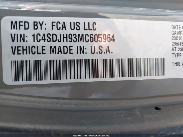 Продажа на аукционе авто 2021 Dodge Durango Srt Hellcat Awd, vin: 1C4SDJH93MC605964, номер лота: 44771738