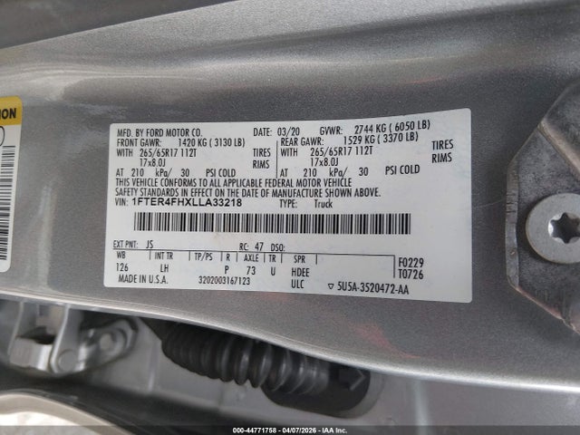 Aukcja sprzedaży 2020 Ford Ranger Xlt, vin: 1FTER4FHXLLA33218, numer aukcji: 44771758