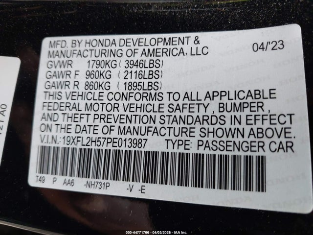 Aukcja sprzedaży 2023 Honda Civic Lx, vin: 19XFL2H57PE013987, numer aukcji: 44771766