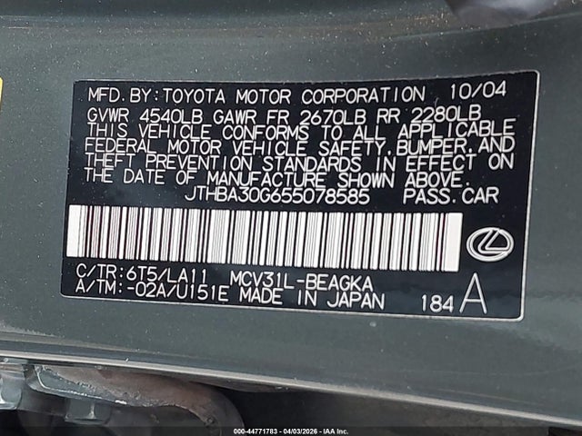 44771783 :رقم المزاد ، JTHBA30G655078585 vin ، 2005 Lexus Es 330 مزاد بيع